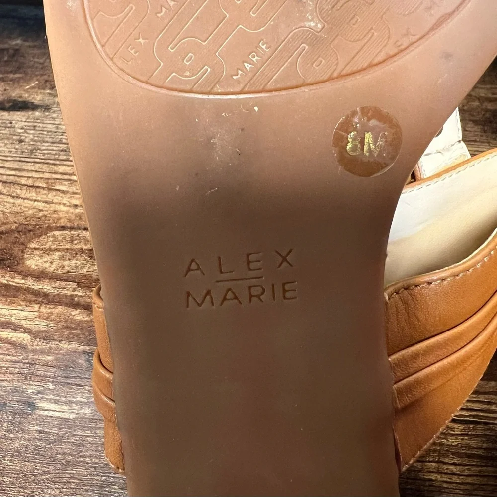 Alex Marie Tan Leather Sandals T Strap Casual Flat Metallic Buckle Women's 8
